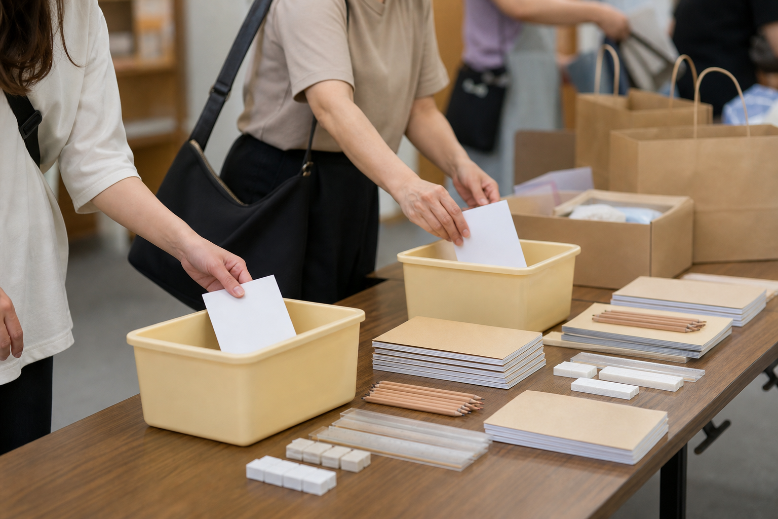 寄付の案内文と複数の選択肢が書かれた用紙を手に取る保護者