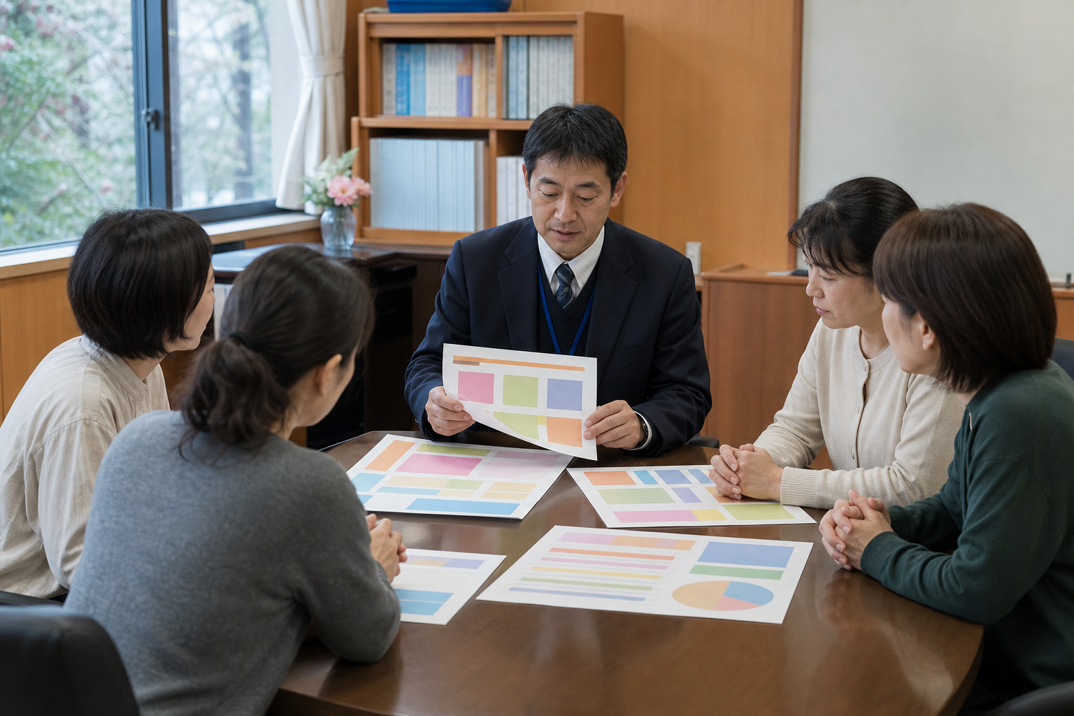 机の上に広げた学校の予算資料と電卓を囲んで話し合う保護者と教職員