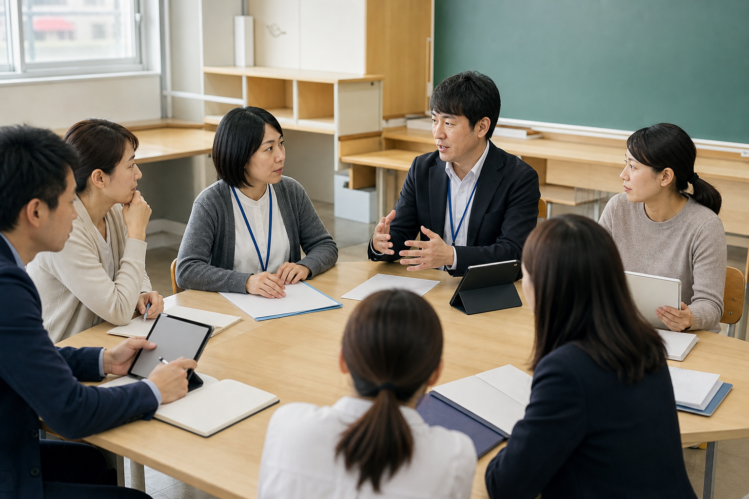 タブレットと紙の資料を並べて次年度の計画を話し合う保護者と教職員