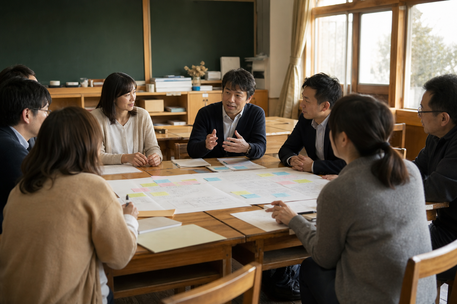 校舎の前で保護者・教職員・地域の人が集まって話し合う学校支援の場面