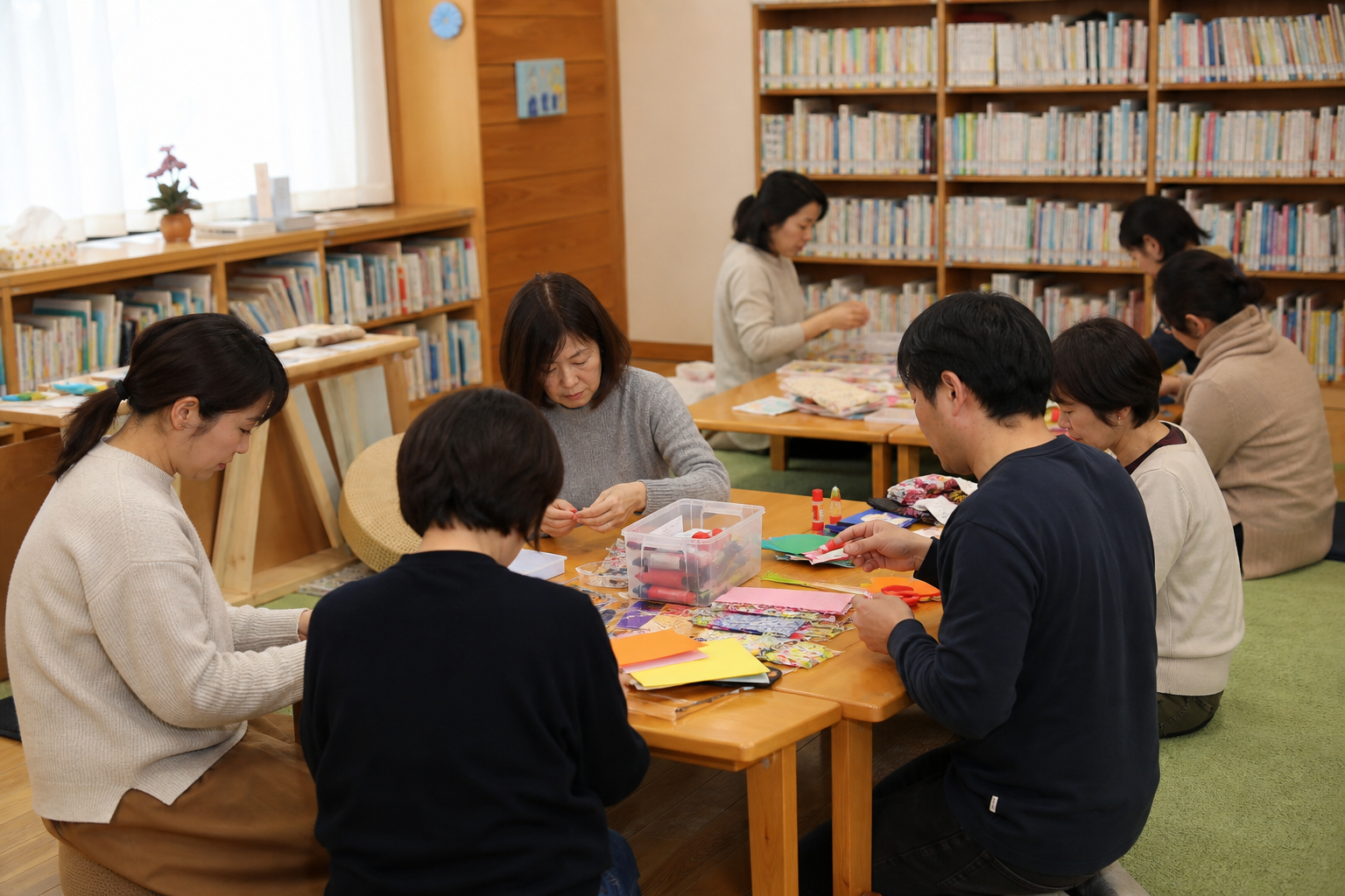 校庭の見守りや教材の準備など、短時間の役割に分かれて活動する保護者たち