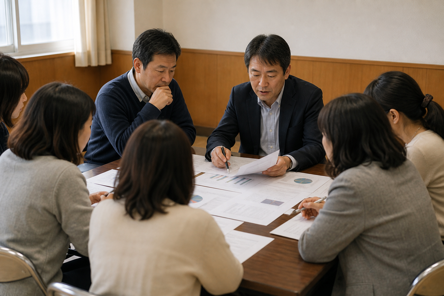 会計報告の資料を前に保護者と役員が質問を交わしている説明会の場面